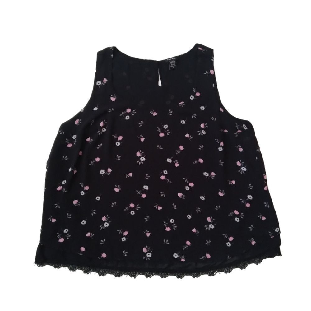 Torrid Plus Size Black Pink Floral Print Lace Hem Sleeveless Top Blouse Size 2